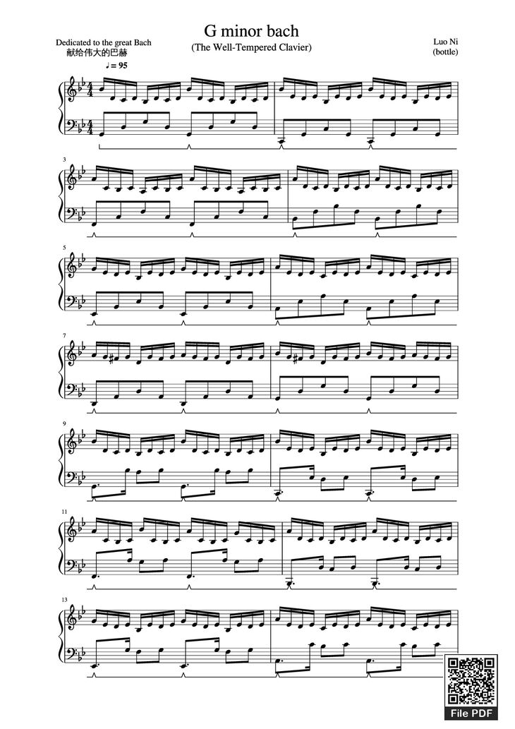 Page 1 of the piano sheet music PDF Piano - G Minor Bach Piano by Luo Ni (bottle