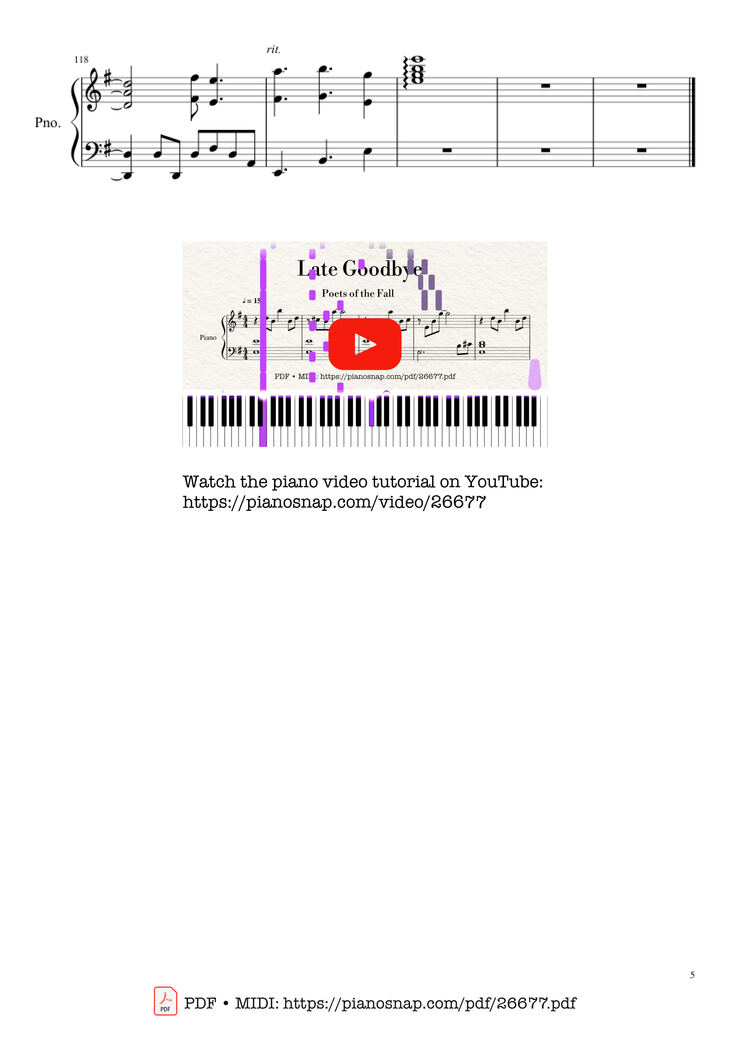 Page 5 of the piano sheet music PDF Piano - Late Goodbye Piano by Poets of the Fall