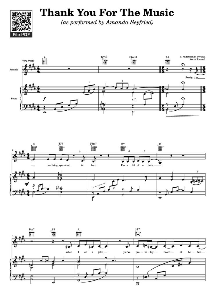 Page 1 of the piano sheet music PDF Piano Guitar Tab - Thank You For The Music Piano by B. Andersson/B. Ulvaeus