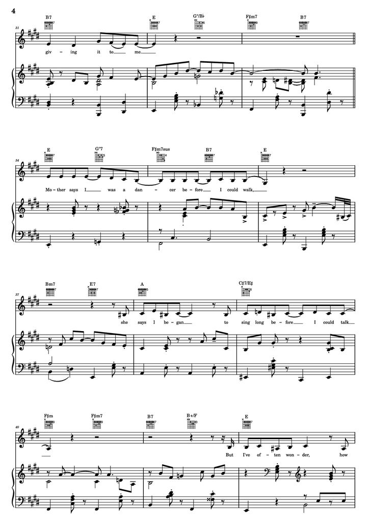 Page 4 of the piano sheet music PDF Piano Guitar Tab - Thank You For The Music Piano by B. Andersson/B. Ulvaeus