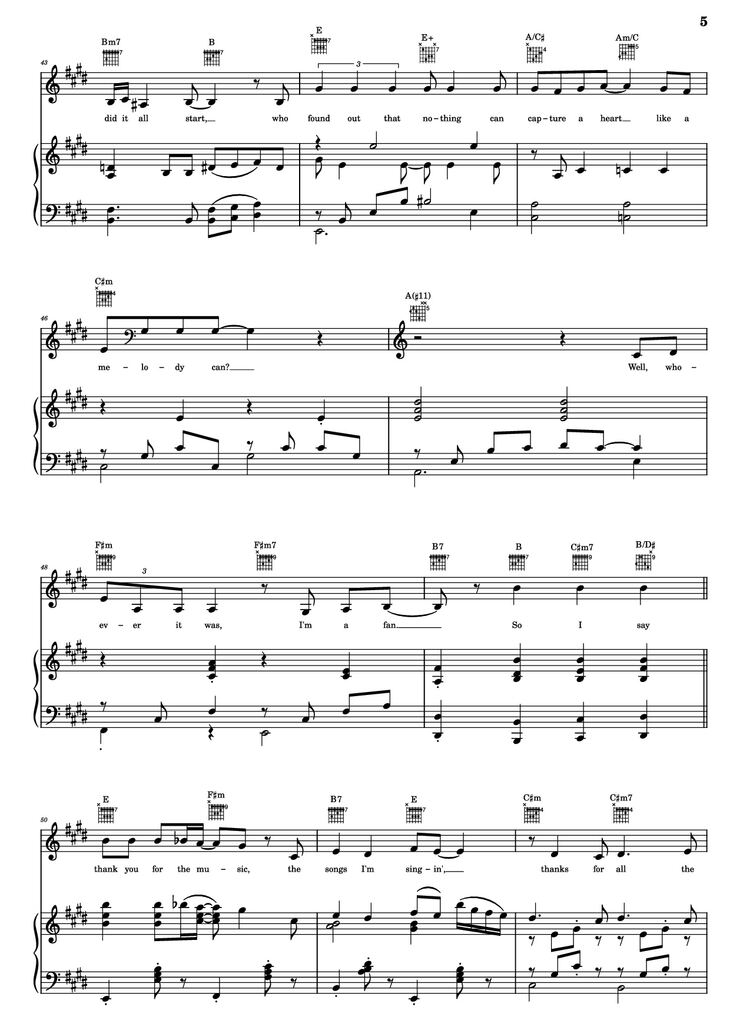 Page 5 of the piano sheet music PDF Piano Guitar Tab - Thank You For The Music Piano by B. Andersson/B. Ulvaeus