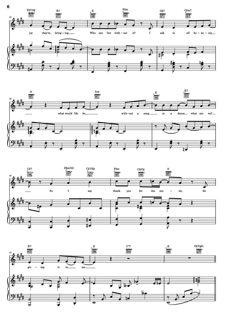 Page 6 of the piano sheet music PDF Piano Guitar Tab - Thank You For The Music Piano by B. Andersson/B. Ulvaeus