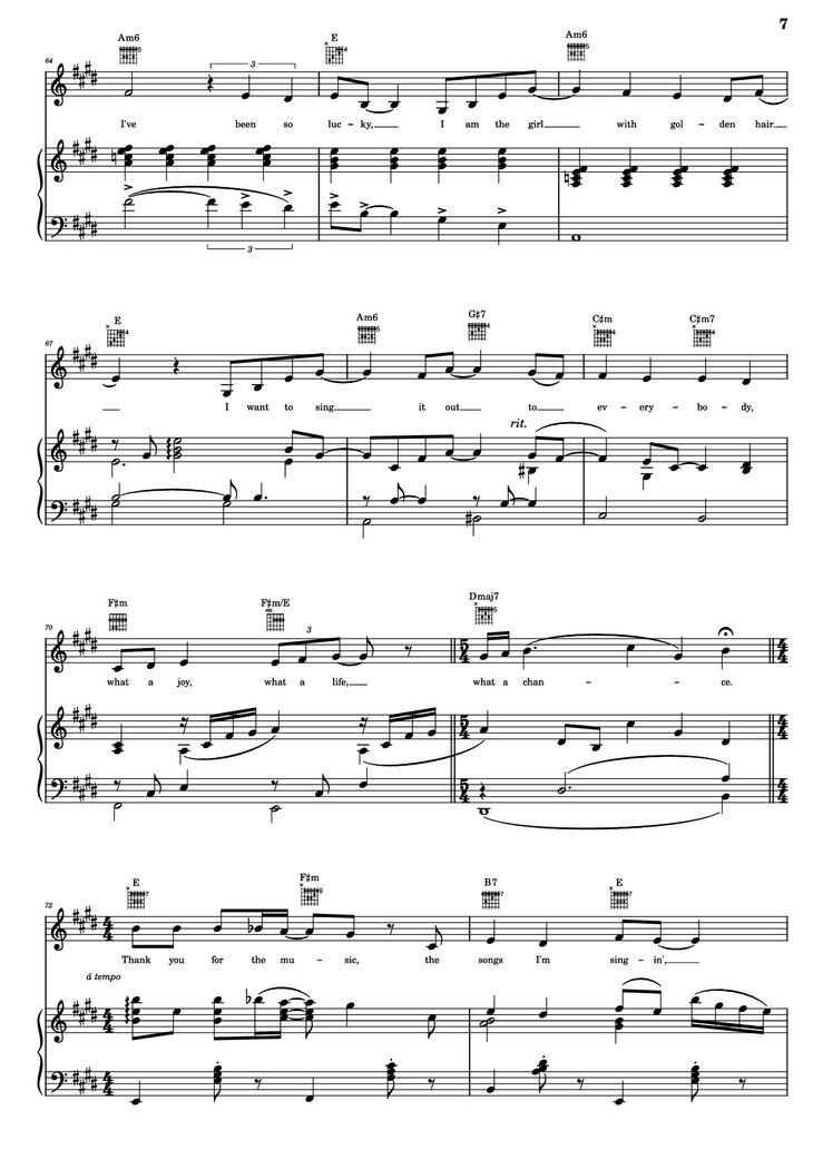 Page 7 of the piano sheet music PDF Piano Guitar Tab - Thank You For The Music Piano by B. Andersson/B. Ulvaeus