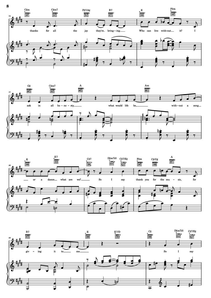 Page 8 of the piano sheet music PDF Piano Guitar Tab - Thank You For The Music Piano by B. Andersson/B. Ulvaeus