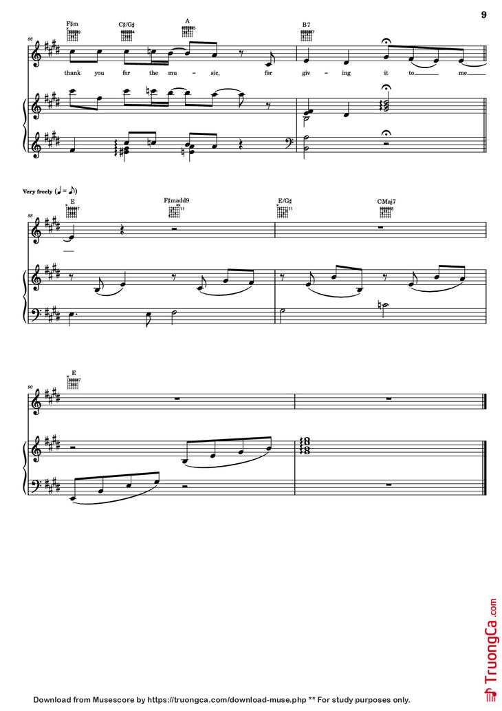 Page 9 of the piano sheet music PDF Piano Guitar Tab - Thank You For The Music Piano by B. Andersson/B. Ulvaeus