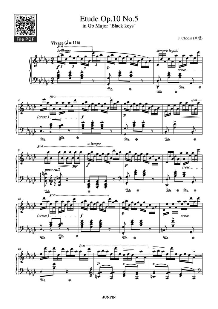 Page 1 of the piano sheet music PDF - Etude Op.10 No.5 in Gb Major "Black keys" Piano by Chopin 