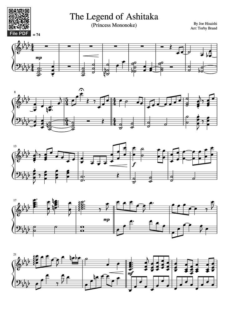 Page 1 of the piano sheet music PDF Piano - The Legend of Ashitaka by Joe Hisaishi