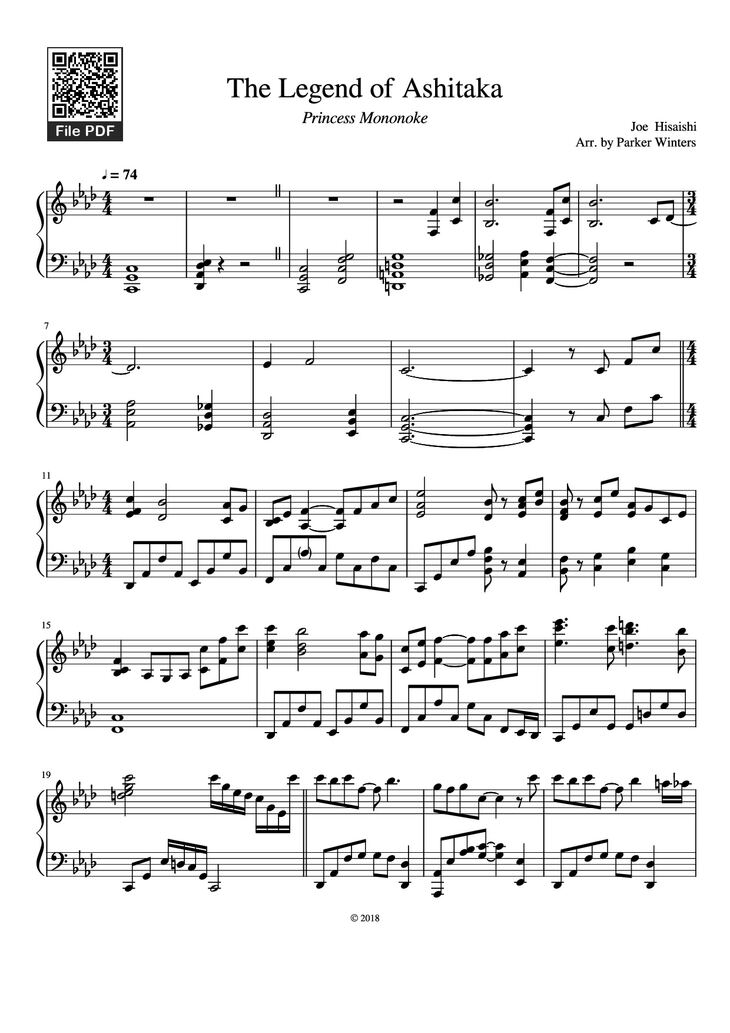 Page 1 of the piano sheet music PDF Piano - The Legend of Ashitaka Piano by Joe Hisaishi Arr. by Parker Winters