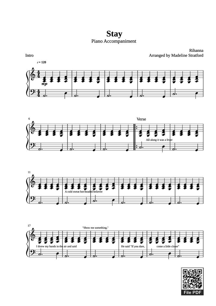 Page 1 of the piano sheet music PDF Piano - Stay Piano by Rihanna Arranged by Madeline Stratford
