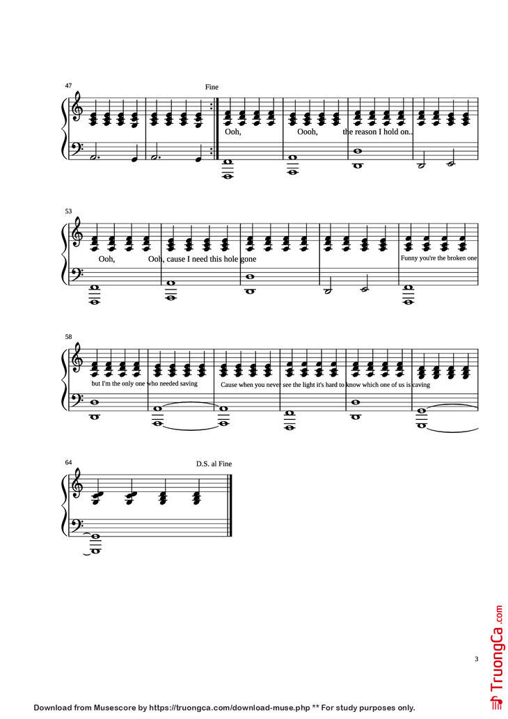 Page 3 of the piano sheet music PDF Piano - Stay Piano by Rihanna Arranged by Madeline Stratford