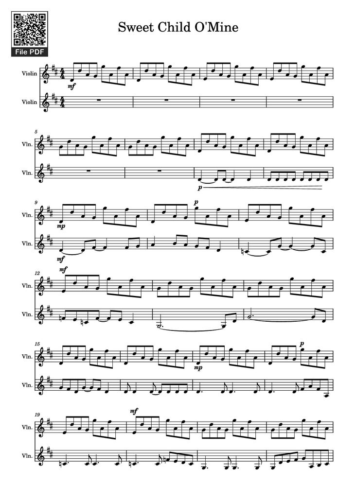 Page 1 of the piano sheet music PDF - Sweet Child O