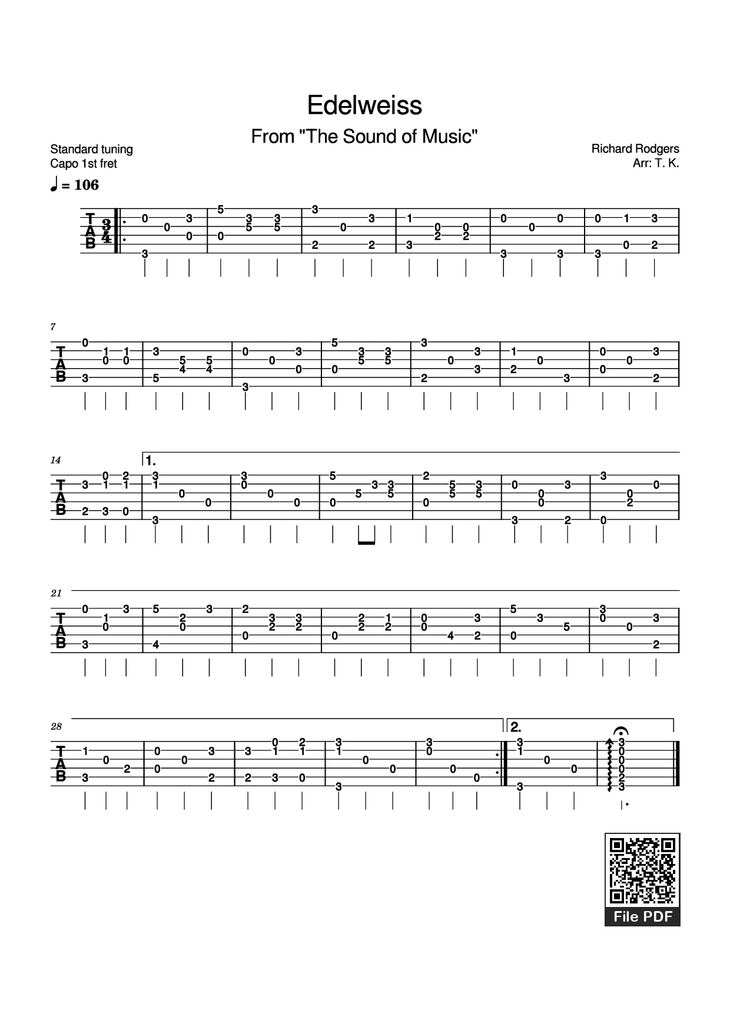 Page 1 of the piano sheet music PDF Guitar Tab - Edelweiss Guitar TAB by Richard Rodgers