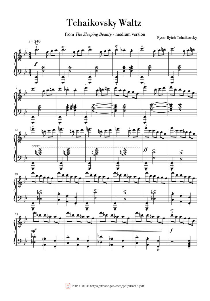Page 1 of the piano sheet music PDF Piano - Tchaikovsky Waltz from "The Sleeping Beauty" Piano by Pyotr Ilyich Tchaikovsky