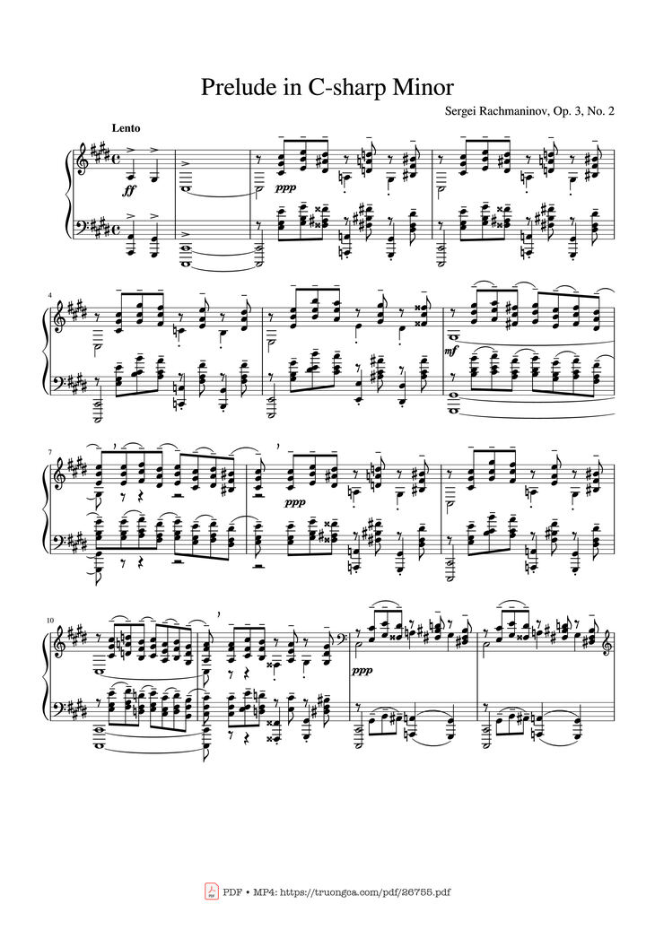 Page 1 of the piano sheet music PDF - Prelude in C♯ minor, Op. 3 No. 2 - Rachmaninov by Sergei Rachmaninov