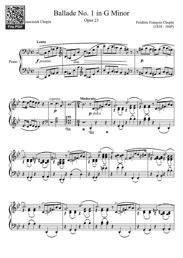 Page 1 of the piano sheet music PDF - Ballade No. 1 in G Minor Piano by Frédéric François Chopin