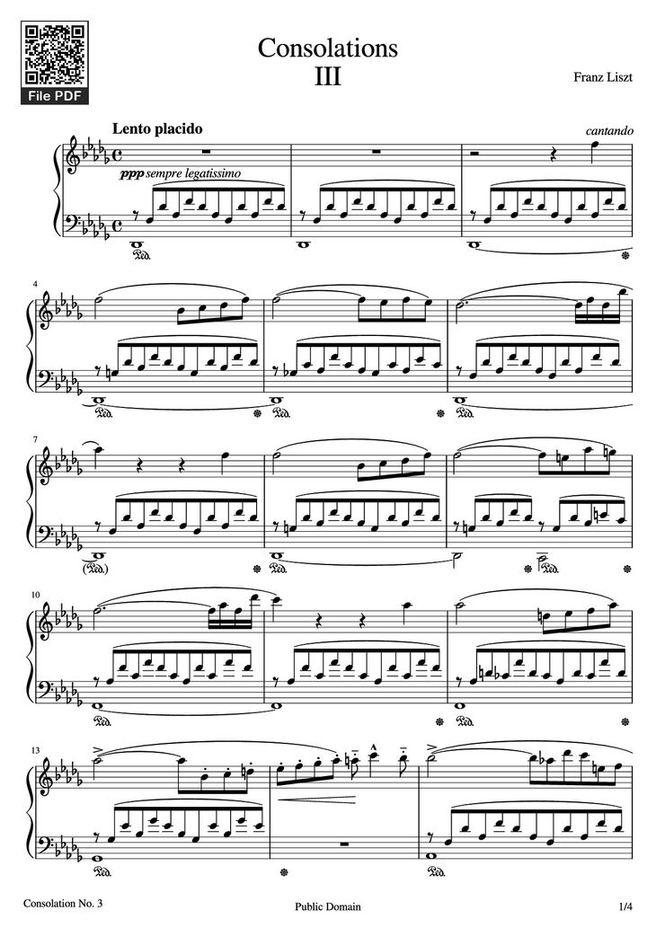 Page 1 of the piano sheet music PDF - Consolations Piano by Franz Liszt