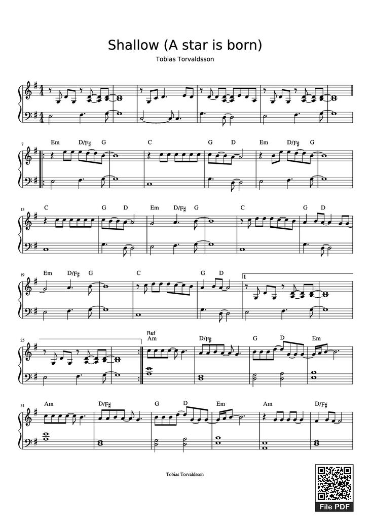Page 1 of the piano sheet music PDF Piano - Shallow (A star is born) Piano by Lady Gaga, Bradley Cooper