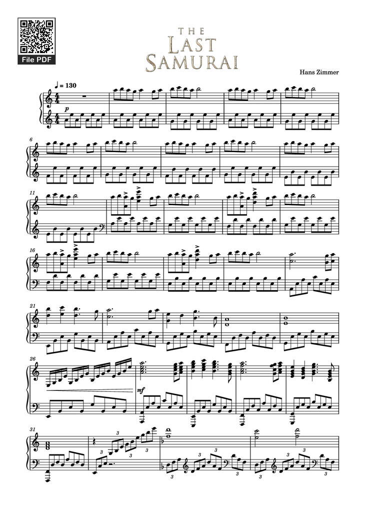 Page 1 of the piano sheet music PDF Piano - The Last Samurai Piano by Hans Zimmer