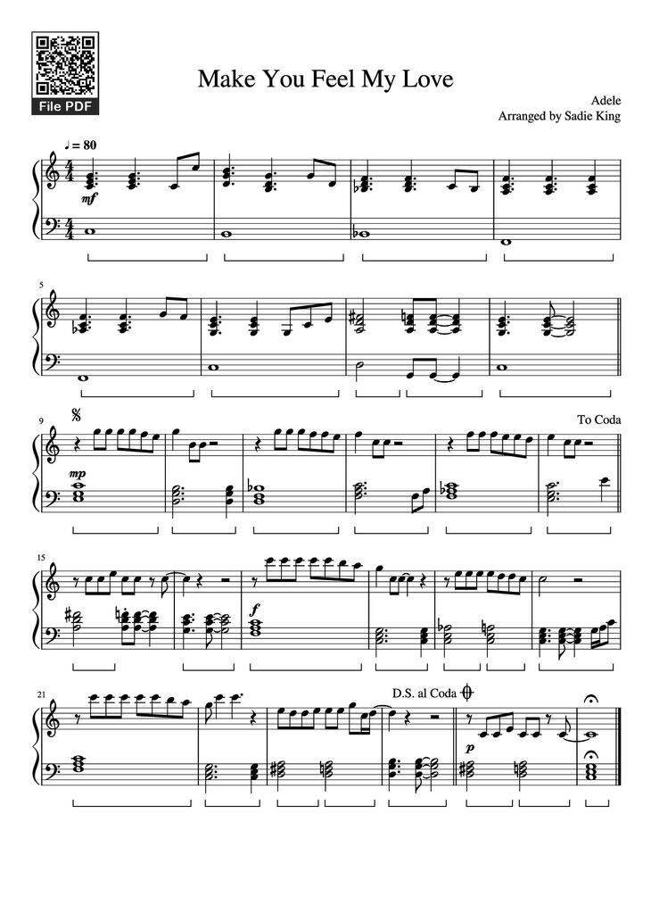 Page 1 of the piano sheet music PDF Piano - Make You Feel My Love Piano by Adele