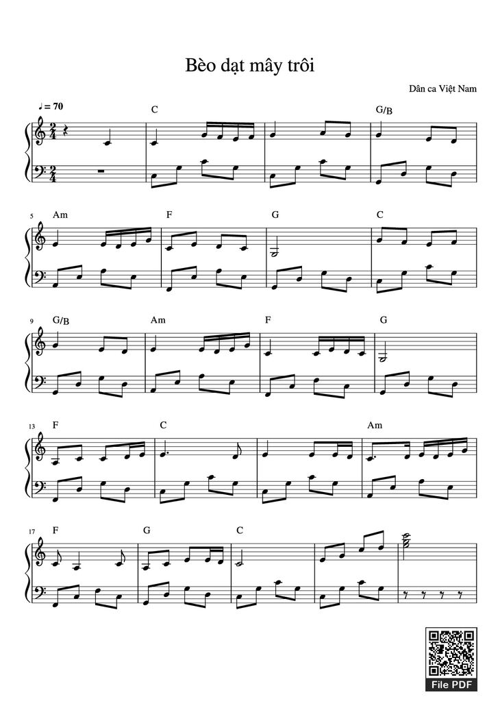 Page 1 of the piano sheet music PDF Piano - Bèo dạt mây trôi Piano by Dân ca Việt Nam