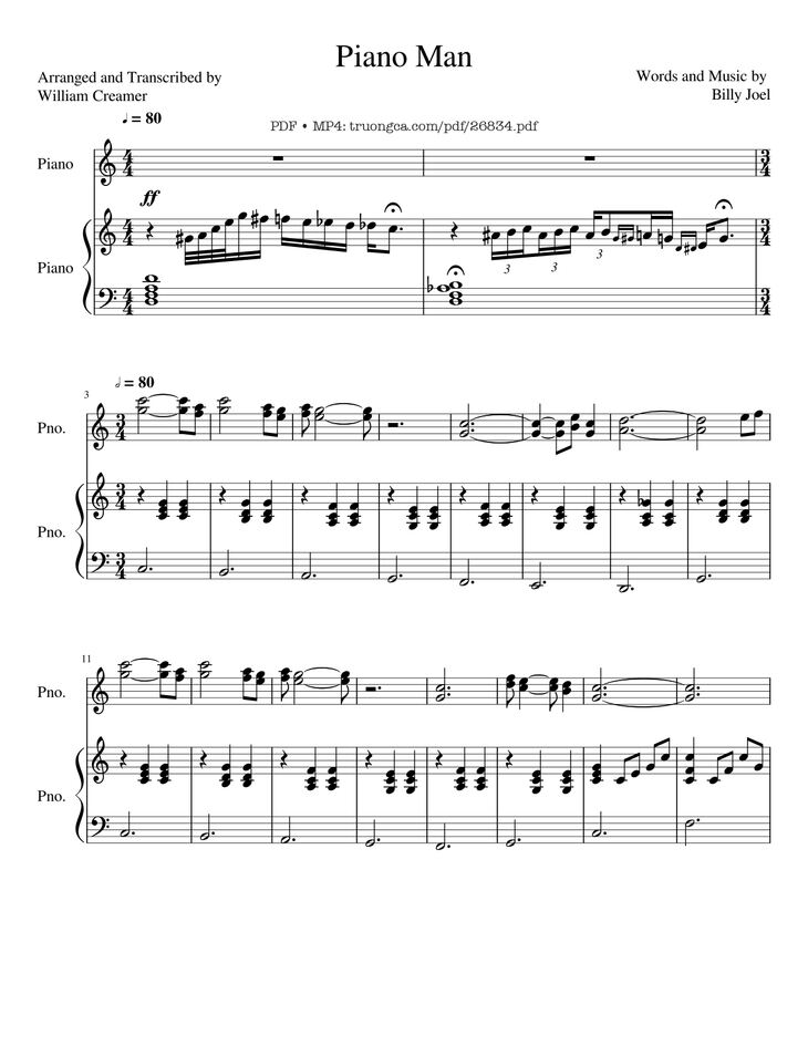 Page 1 of the piano sheet music PDF Piano - Piano Man (Vocal-Piano) by Words and Music by Billy Joel