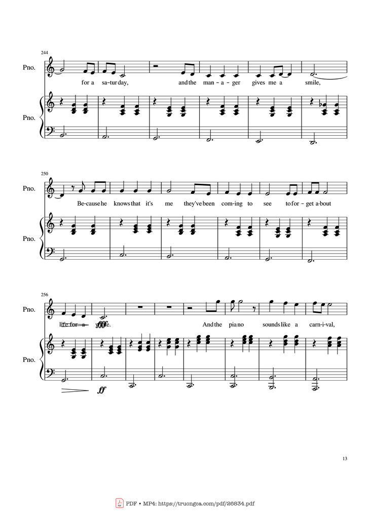 Page 13 of the piano sheet music PDF Piano - Piano Man (Vocal-Piano) by Words and Music by Billy Joel