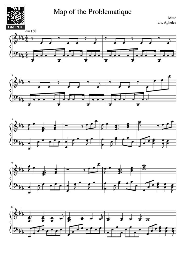 Page 1 of the piano sheet music PDF Piano - Map of the Problematique Piano by Muse arr. Aphelea