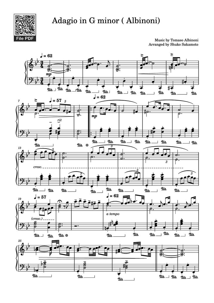 Page 1 of the piano sheet music PDF Piano - Adagio in G minor ( Albinoni) Piano by Music by Tomaso Albinoni