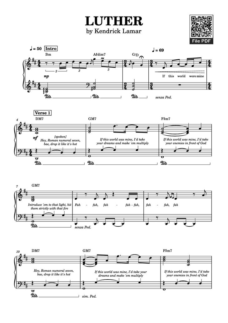 Page 1 of the piano sheet music PDF Piano - LUTHER Piano by Kendrick Lamar