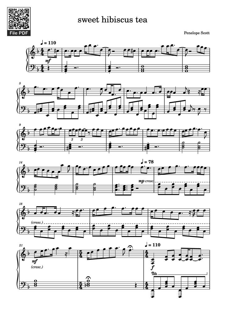 Page 1 of the piano sheet music PDF Piano - sweet hibiscus tea Piano by Penelope Scott