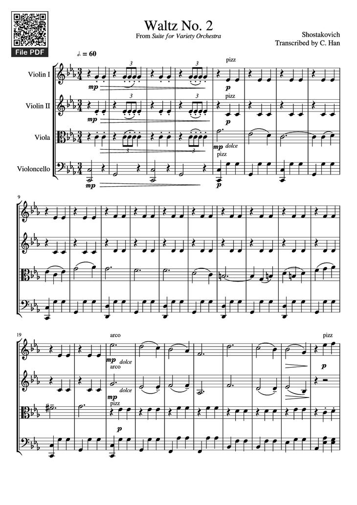 Page 1 of the piano sheet music PDF - Waltz No. 2 From Suite for Variety Orchestra Violin by Shostakovich Transcribed by C. Han