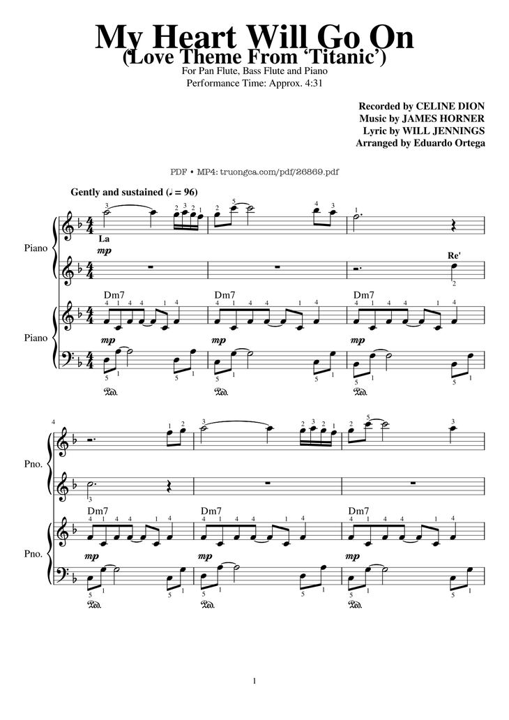 Page 1 of the piano sheet music PDF Piano - My Heart Will Go On Piano duet by Céline Dion
