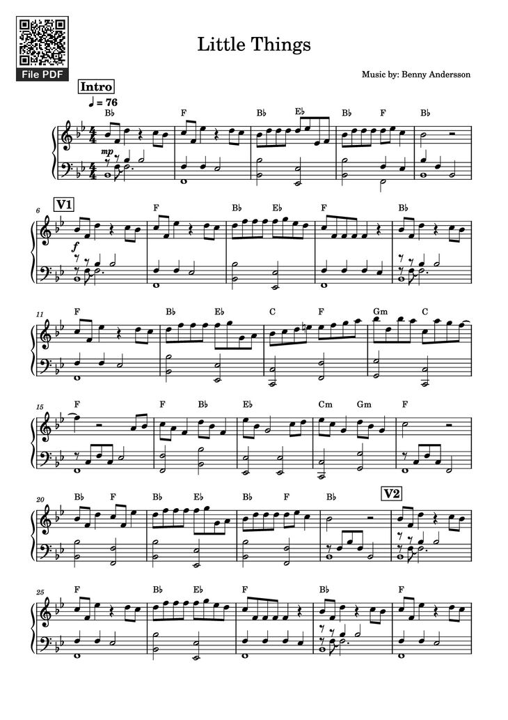 Page 1 of the piano sheet music PDF Piano - Little Things Piano by Music by: Benny Andersson