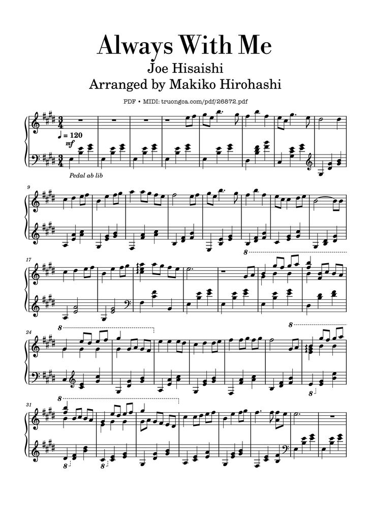 Page 1 of the piano sheet music PDF Piano - Always With Me by Joe Hisaishi