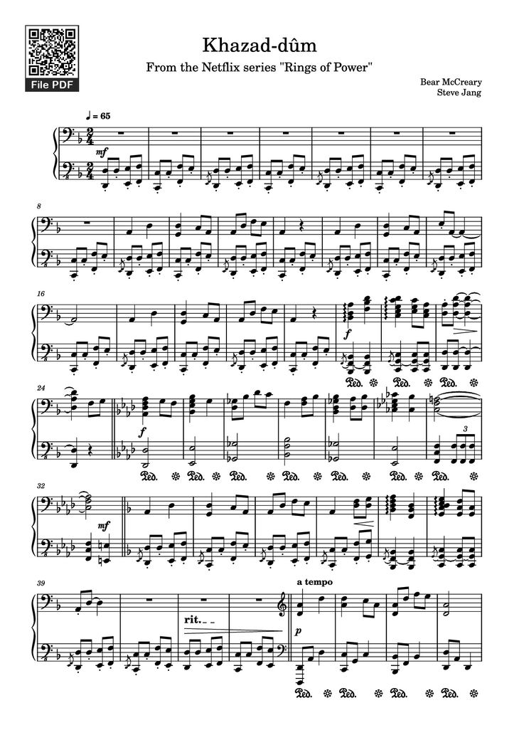 Page 1 of the piano sheet music PDF Piano - Khazad-dûm Piano by Bear McCreary