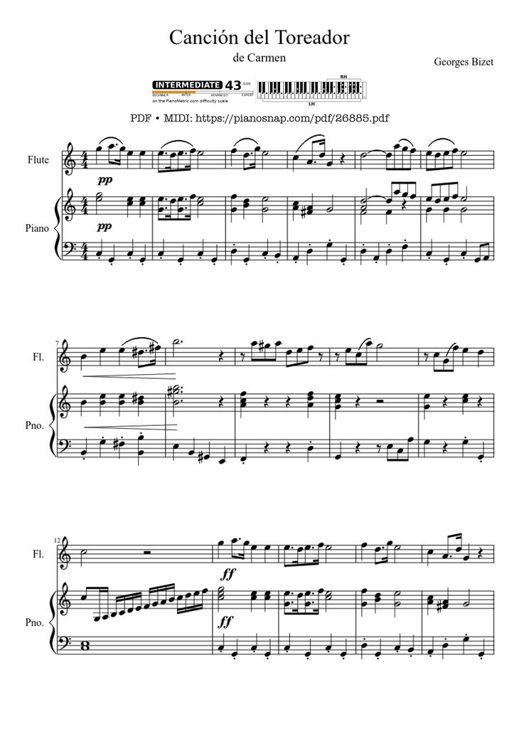 Page 1 of the piano sheet music PDF Piano - Canción del Toreador Piano & Flute by Georges Bizet