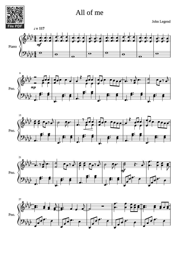 Page 1 of the piano sheet music PDF Piano - All of me Piano by John Legend