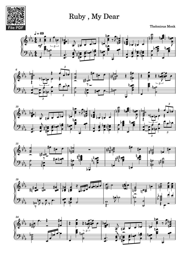 Page 1 of the piano sheet music PDF Piano - Ruby , My Dear Piano by Thelonious Monk