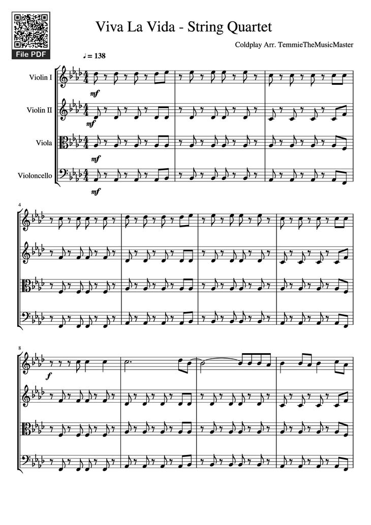 Page 1 of the piano sheet music PDF - Viva La Vida - String Quartet Violin by Coldplay Arr. TemmieTheMusicMaster