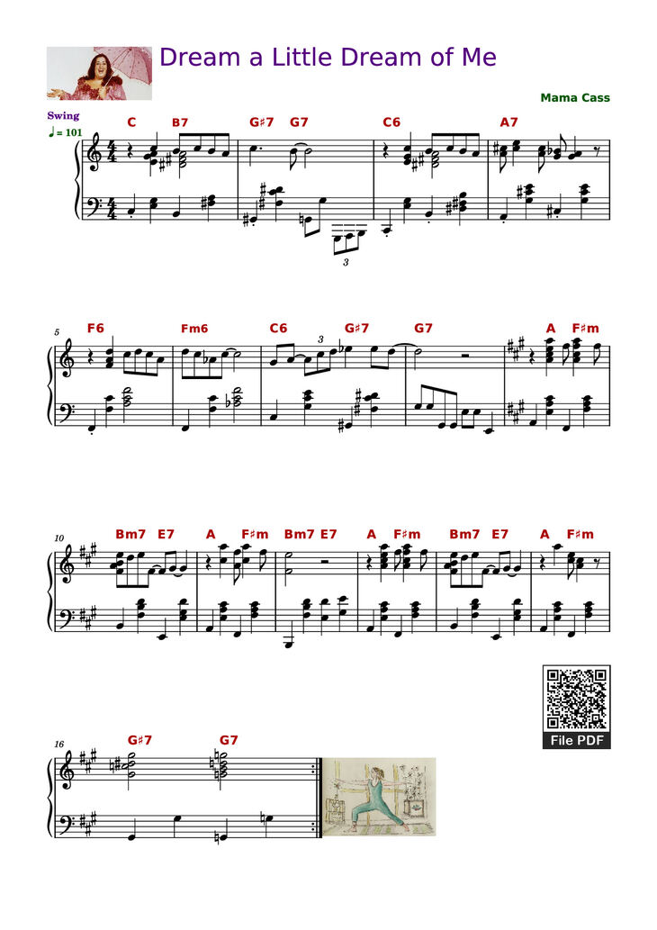 Page 1 of the piano sheet music PDF Piano - Dream a little dream of me - The Mamas & The Papas by Mama Cass