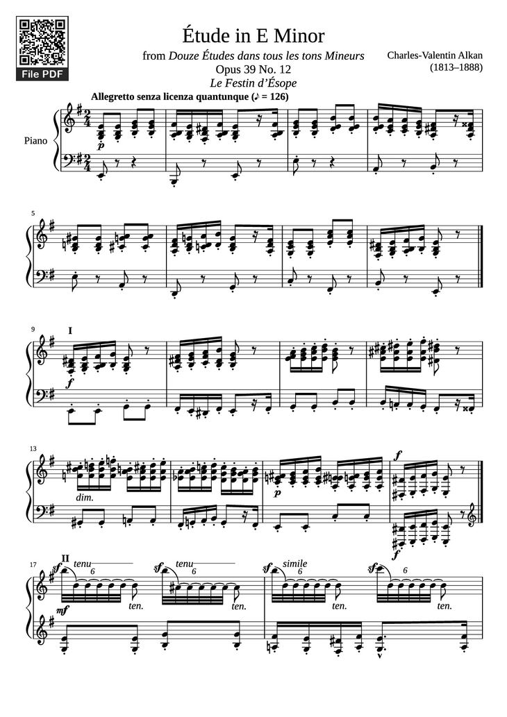 Page 1 of the piano sheet music PDF Piano - Étude in E Minor Piano by Charles-Valentin Alkan