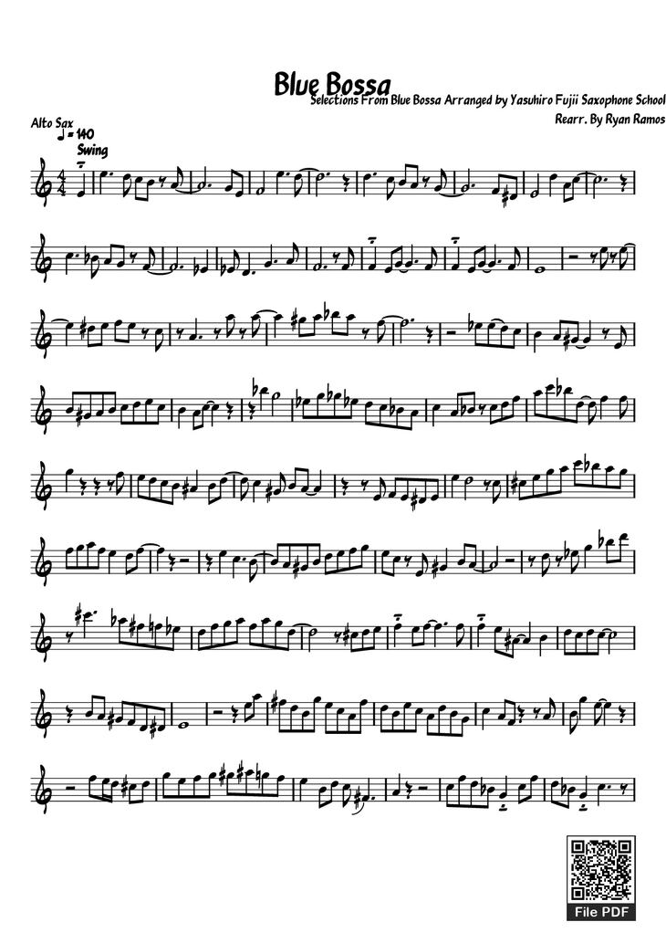 Page 1 of the piano sheet music PDF Piano - Blue Bossa Piano by Selections From Blue Bossa Arranged by Yasuhiro Fujii Saxophone School