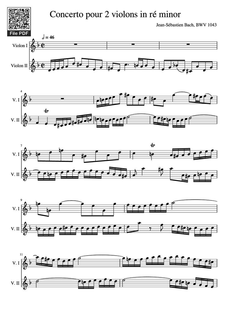 Page 1 of the piano sheet music PDF - Concerto pour 2 violons in ré minor Violin by Jean-Sébastien Bach, BWV 1043