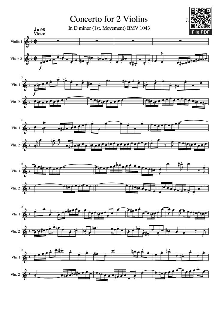 Page 1 of the piano sheet music PDF - Concerto for 2 Violins by J. S. Bach