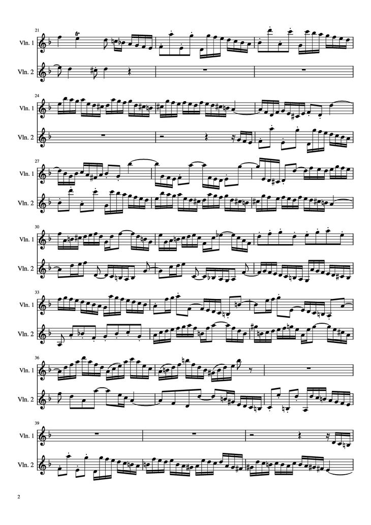 Page 2 of the piano sheet music PDF - Concerto for 2 Violins by J. S. Bach