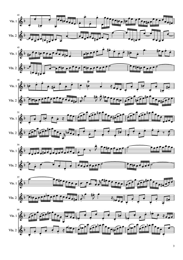 Page 3 of the piano sheet music PDF - Concerto for 2 Violins by J. S. Bach