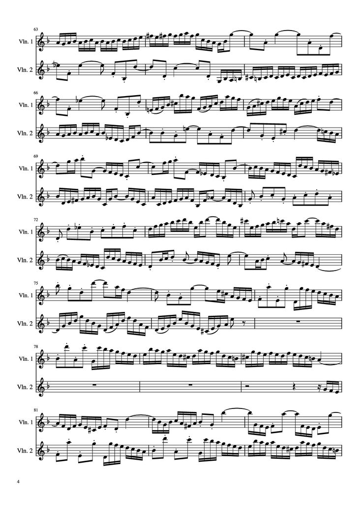 Page 4 of the piano sheet music PDF - Concerto for 2 Violins by J. S. Bach