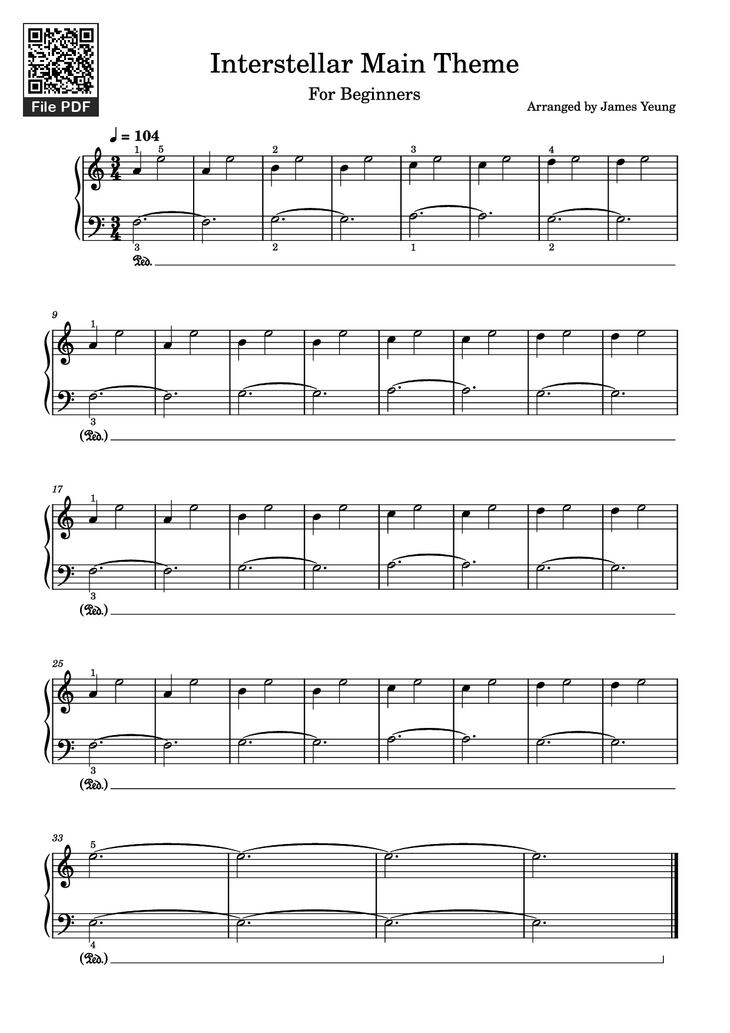 Page 1 of the piano sheet music PDF Piano - Interstellar Main Theme Piano by Arranged by James Yeung