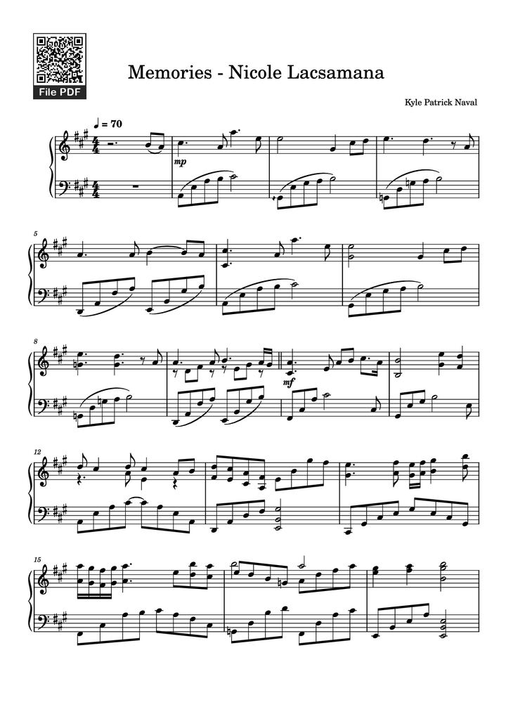 Page 1 of the piano sheet music PDF Piano - Memories - Nicole Lacsamana Piano by Kyle Patrick Naval