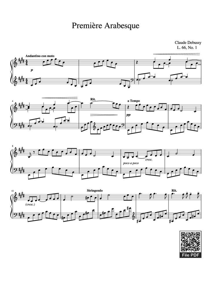 Page 1 of the piano sheet music PDF Piano - Première Arabesque Piano by Claude Debussy